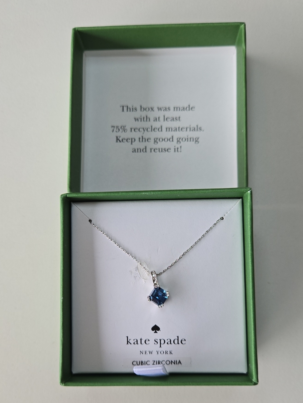 NEW kate spade Silver Necklace with Light Sapphire Square Stone